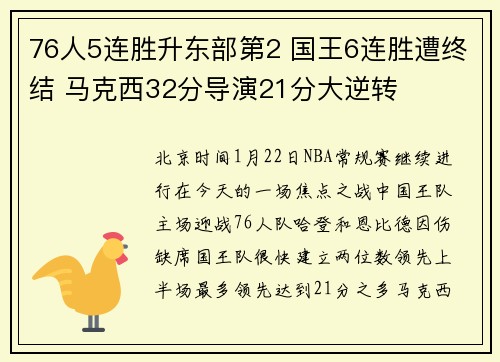 76人5连胜升东部第2 国王6连胜遭终结 马克西32分导演21分大逆转